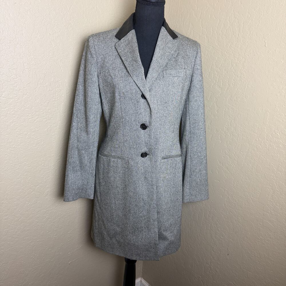 Lauren Ralph Lauren Petite Wool Coat Blazer 6P Gray Leather Collar Long Jacket